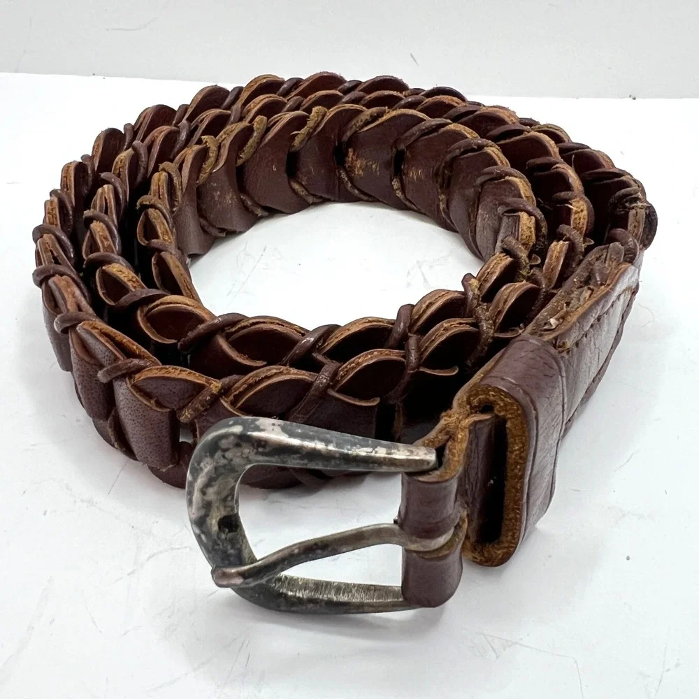 Genuine Leather Woven‎ Link Belt Dark Brown Solid Brass Buckle Made in India 90s